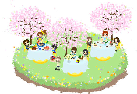 Let s enjoy cherry-blossom viewing together while eating various food under the beautiful cherry trees のイラスト素材
