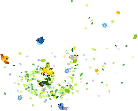 With verdures and flowers and small birds, a pretty fairy is enjoying spring のイラスト素材