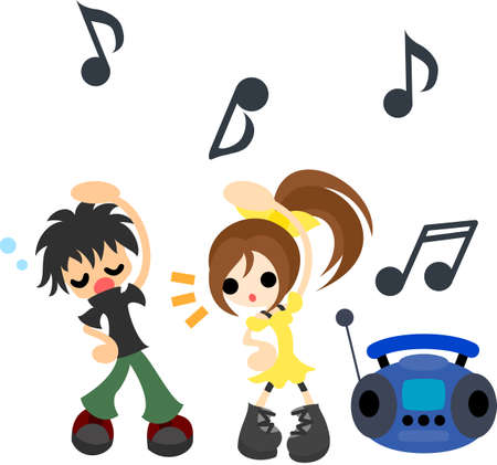 A boy and girl who exercises practiced to commands and music on the radio のイラスト素材