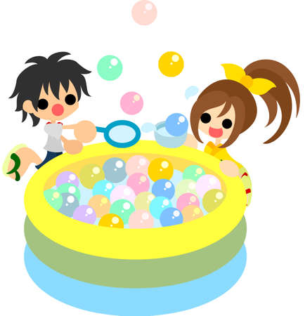 A boy and girl playing the game to get balls in the summer festival のイラスト素材