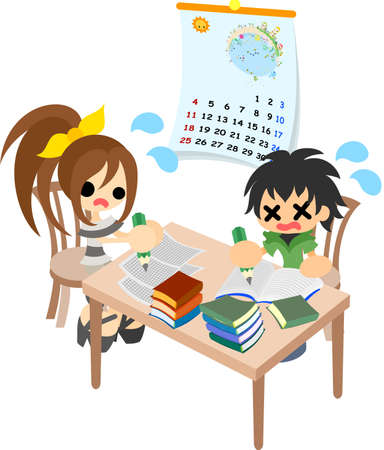 A boy and girl works on homework of the summer vacation desperately のイラスト素材