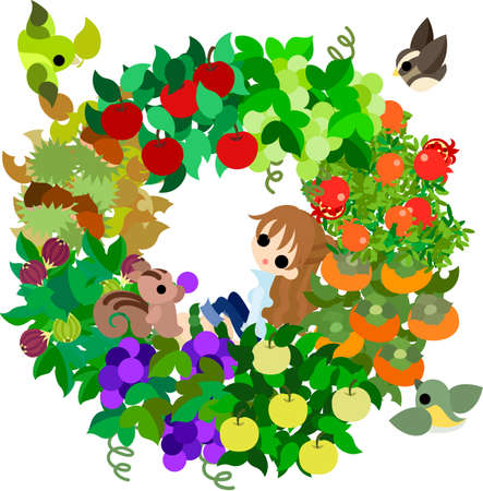 Apples and chestnuts and figs and grapes and  muscats and pears and persimmons, pomegranates    there are so much autumn fruits のイラスト素材