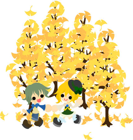 The little boy and girl who runs in the forest of the ginkgo のイラスト素材