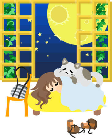 In the night of the full moon, a woman sleeping on the bed and a big cat is riding on her のイラスト素材
