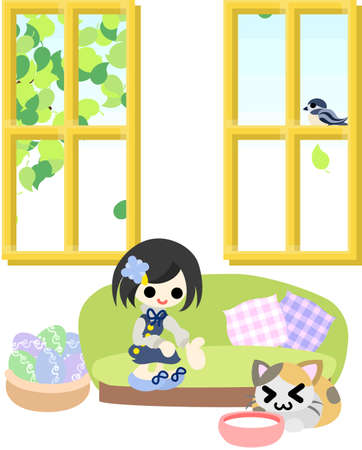 A little girl giving milk to a kitten and the cat is pleased のイラスト素材