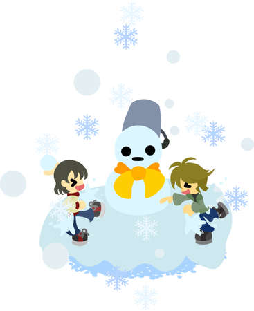 Children who made a snowman, and enjoy a snowball fight のイラスト素材