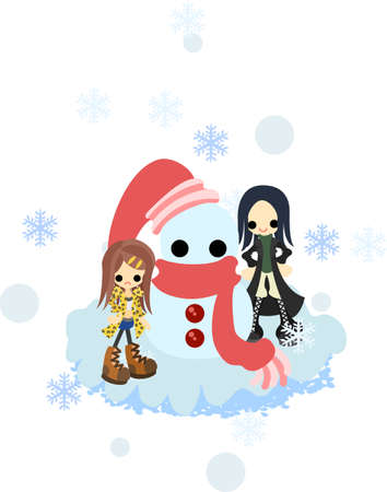 A man and woman are making a big snowman のイラスト素材