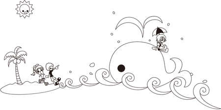 A couple is surprising to a so big wheal  And a girl is riding on のイラスト素材