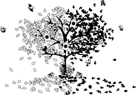 A wonder tree with of the yellow leaves and red leaves. Two girls are in the twilight.のイラスト素材