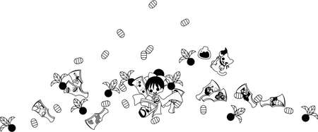 A beckoning cat having a lot of oval gold coins and the girl with many feathers and battledores. Let \ 's make battledore and shuttlecock together!のイラスト素材