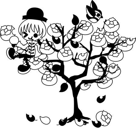 A boy climbs the persimmon tree and eats a persimmon.のイラスト素材