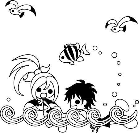 A boy and girl who enjoy sea bathing.のイラスト素材