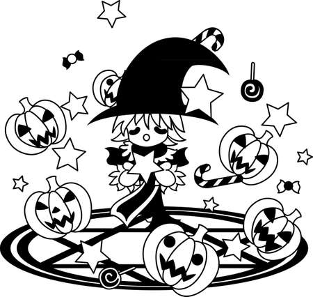 A boy advocates magic on magic square. A jackolantern appeared with sweets.のイラスト素材