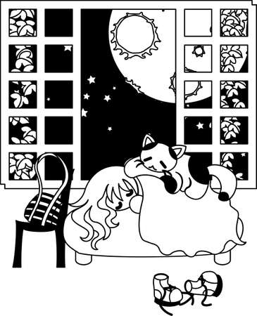 In the night of the full moon, a woman sleeping on the bed and a big cat is riding on her.のイラスト素材