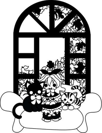 A little madam wearing a black dress and sitting on the sofa, and black cats wearing ribbon ties.のイラスト素材