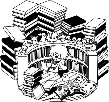 The child who enjoys reading among many books.のイラスト素材