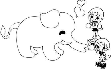A boy giving a banana to an elephant, and his mother watching them.のイラスト素材