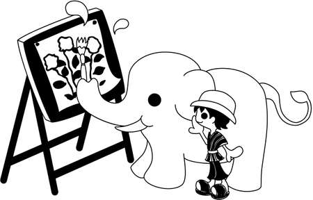 The elephant painting a flower picture, and the elephant trainer watching.のイラスト素材