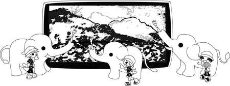 Three elephants are painting a big landscape picture.のイラスト素材