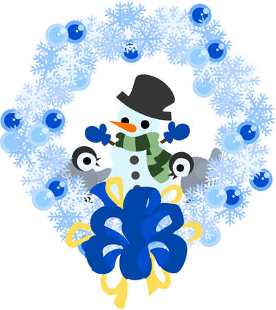 A snowman and baby penguins and a snow wreath.のイラスト素材