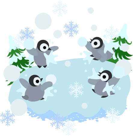 The baby penguins which are idle by a snowball fight happily together.のイラスト素材