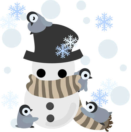 Baby penguins are making the big snowman winding um a muffler and covered a hat.のイラスト素材