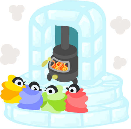 Baby penguins wrap up in blankets and have the warmth with a stove.のイラスト素材