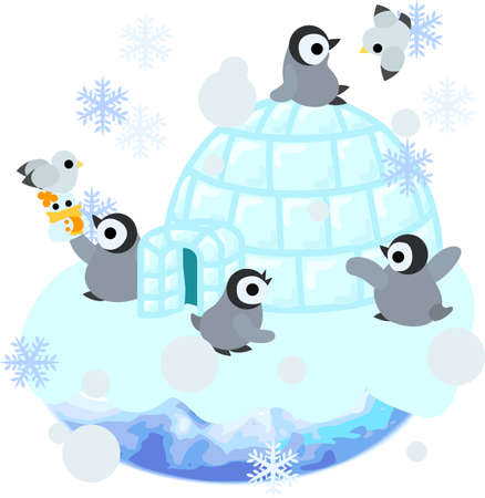 Baby penguins are living in the igloo.のイラスト素材