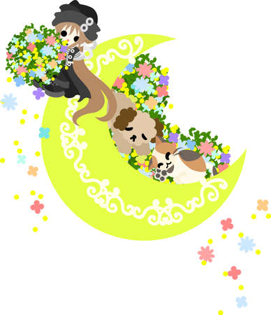 A girl with flowers and a dog and a cat are resting on the moon, and flowers are dancing.のイラスト素材