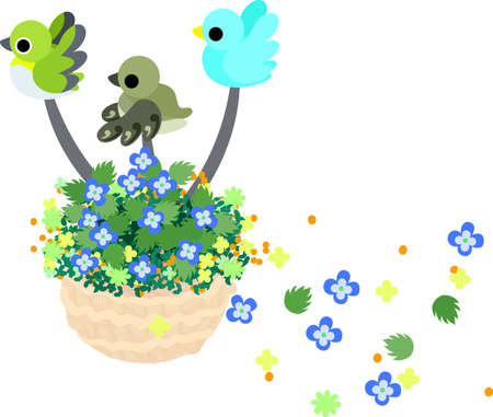 Little birds fly with flower basket, and flowers are dancing.のイラスト素材