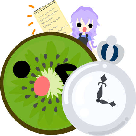 A girl and kiwi fruit having a clock and a memo padのイラスト素材