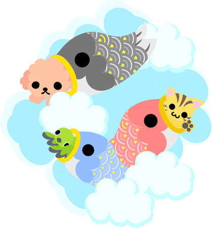 A carp streamer and a dog and a cat and small birdのイラスト素材