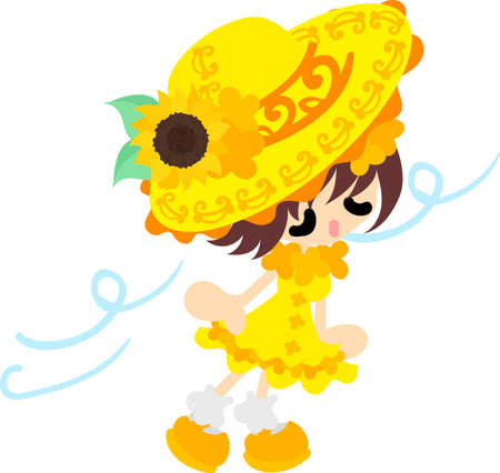 A cute little girl and a hat of sunflowerのイラスト素材