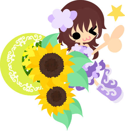 A smiling cute little girl and a flowerpot of sunflowerのイラスト素材