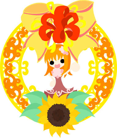 A cute little girl and a wreath of sunflowerのイラスト素材
