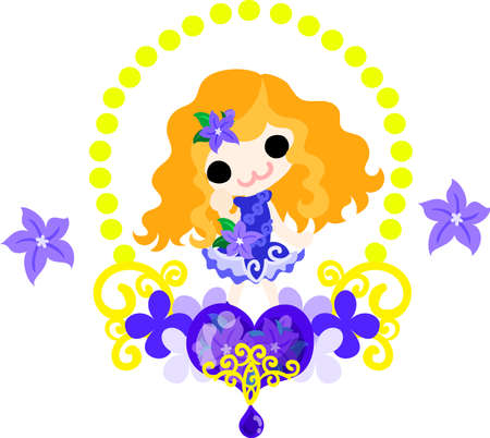 A cute little girl and the accessory of purple flowerのイラスト素材