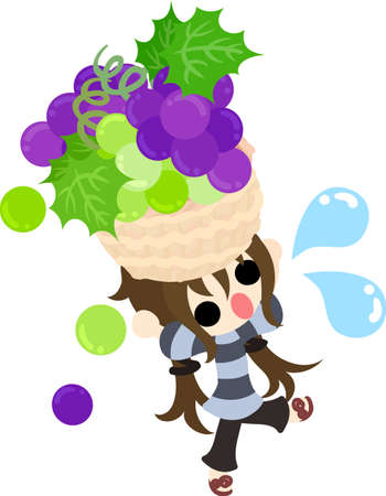 A cute little girl and delicious grapes and muscatのイラスト素材
