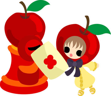 A cute little apple girl and the post of the appleのイラスト素材