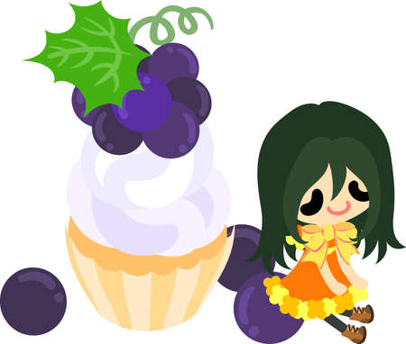 A cute illustration of a little girl and the cupcake of the grapesのイラスト素材