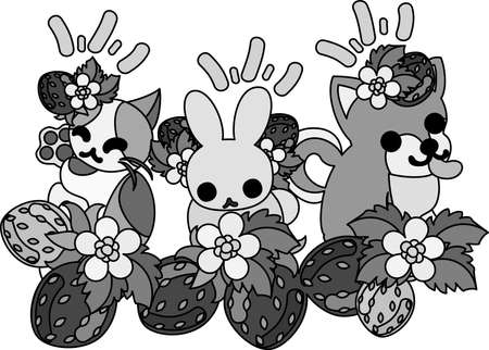 Strawberries and a pretty rabbit and dog and catのイラスト素材