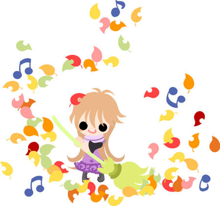 The cute illustration of autumn and girl-Cleaning of fallen leaves-のイラスト素材