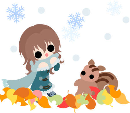 The cute illustration of autumn and girl-Autumn snowfall-のイラスト素材