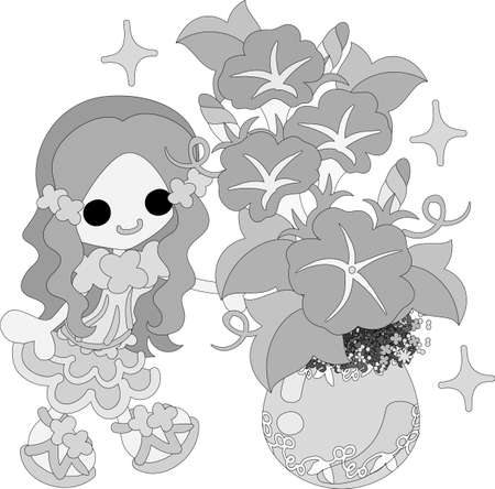 The illustration of morning glory and a girlのイラスト素材