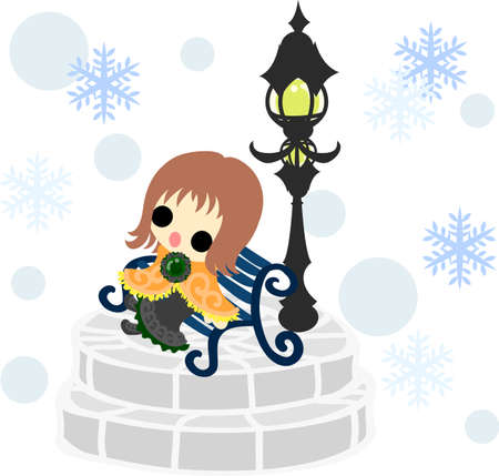 The cute illustration of winter and girls-streetlight-のイラスト素材