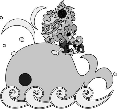 Summer memories and a big whale and a girl with a parasolのイラスト素材