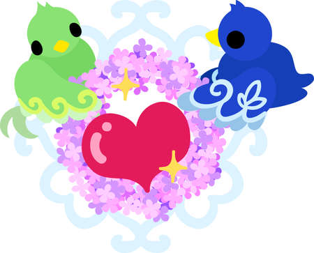 The cute little birds of mysterious design and a heart wreathのイラスト素材