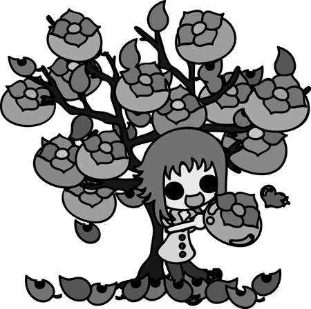 A cute little girl and a tree of delicious persimmonのイラスト素材