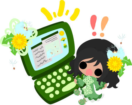 Illustration of a cute girl and a PC of dandelionのイラスト素材