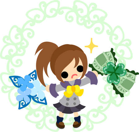 A cute girl and a ribbon of cloverのイラスト素材