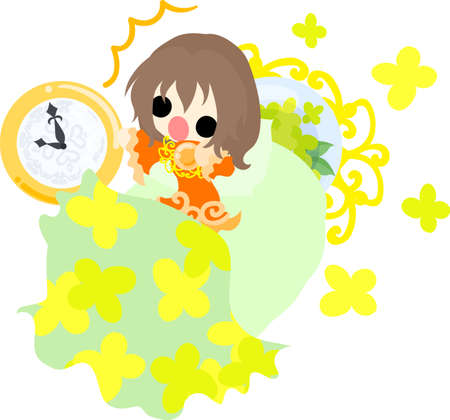 A cute girl who over slept and a bed of yellow flowersのイラスト素材